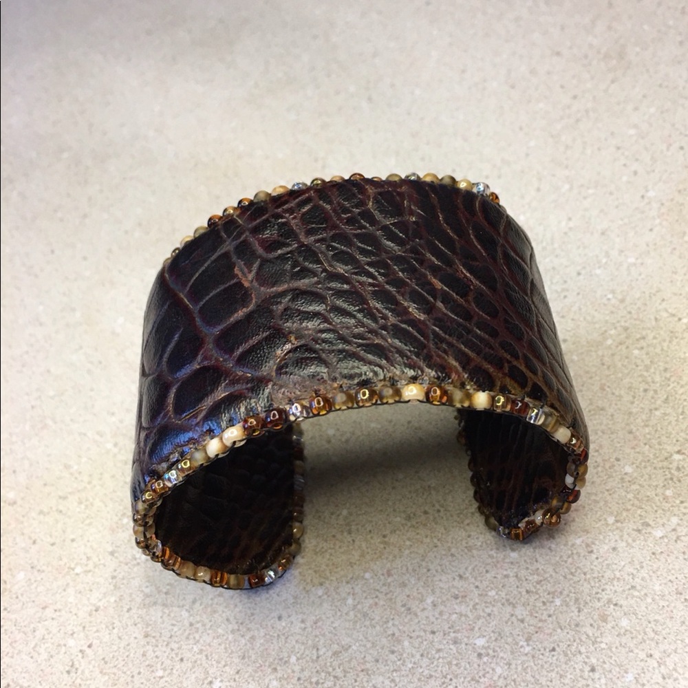 Alligator leather cuff bracelet bordered in glass beads
